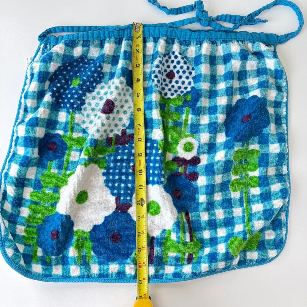 Vintage Royal Terry of California Blue Gingham Mod Floral Terry Cloth Half Apron